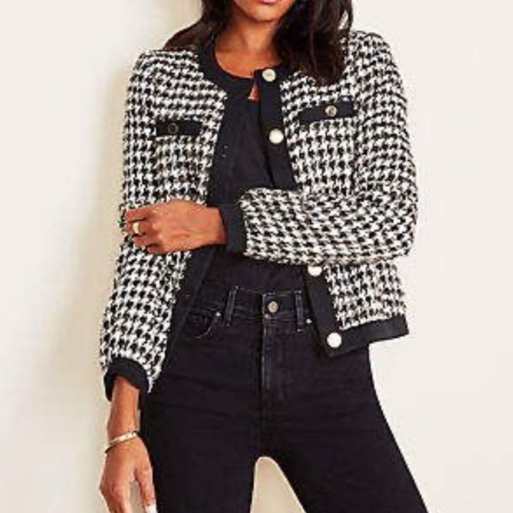 Ann Taylor Houndstooth Tweed Jacket Black White Size XSmall Petite New With Tag